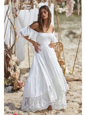 White Off-Shoulder Lace Tiered Midi Dress